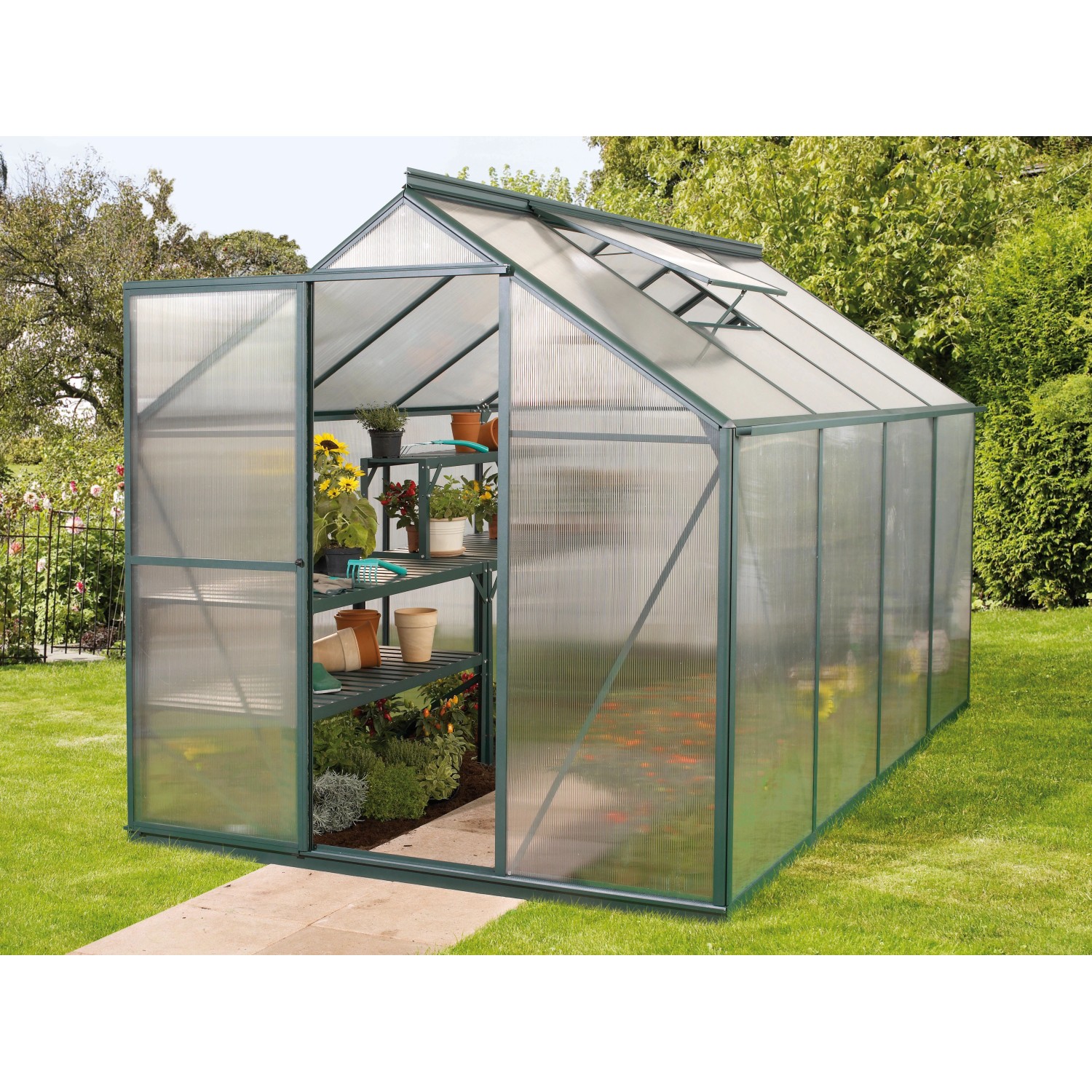 Dunkelgrünes Gewächshaus Triton 5000 mit geöffneter Tür, inklusive Stahlfundament und Dachfenster.