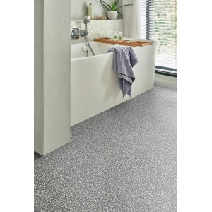 Grauer Andiamo PVC-Bodenbelag "Gesprenkelt Artifact" im Badezimmer, Meterware.