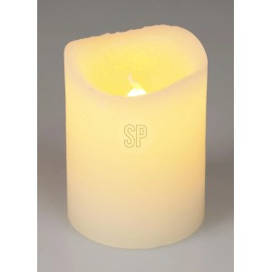 Elfenbeinfarbene LED-Wachskerze mit flackerndem Licht, Timerfunktion und welliger Oberseite, 5x6,5 cm.