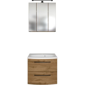 Held Möbel Waschtisch-Set Florenz, 60 cm, Wotaneiche, mit Spiegelschrank und Unterschrank mit zwei Auszügen.