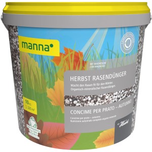 Manna Herbstrasendünger im 10 kg Eimer, ideal für die Rasenpflege im Herbst.
