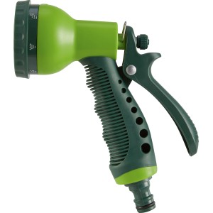 Grüne Multifunktionsbrause mit 7 Strahlvarianten für Gartenschlauch.