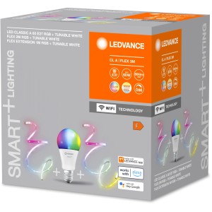 Ledvance Smart+ Leuchtmittel Set: E27 RGB Lampe mit 2 LED-Lichtstreifen, steuerbar per App.