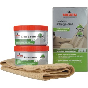 Nigrin Performance Lederpflege Set mit Seife, Balsam und Tuch für die Autopflege.
