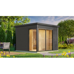 Modernes Design-Saunahaus 412 Sparset in Graphitgrau mit Glasschiebetür und Saunaofen.