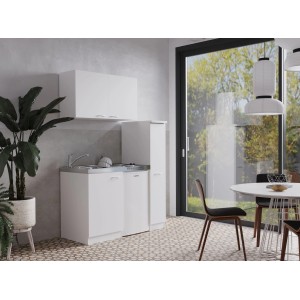 Respekta Miniküche MK130WOS, 130 cm, Weiß: Kompakte Küchenzeile mit Spüle, Kochfeld, Kühl- und Oberschränken.