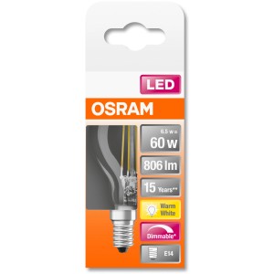Osram LED E14 Tropfenlampe, 6,5W, 806lm, warmweiß, dimmbar.