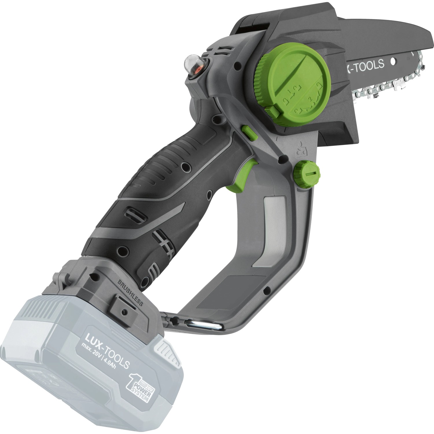 LUX-TOOLS Akku-Astsäge A-EAS-20/154 aus dem 1 PowerSystem, Akku-Kettensäge für Gartenarbeiten.