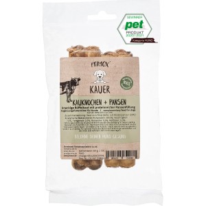 Primox Kauer Büffelhautknochen mit Pansenfüllung, 2 Stück, 11 cm. Hunde-Snack für artgerechten Kauspaß.