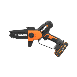 Worx Akku-Astsäge WG326E.2, schwarz-orange, mit 12 cm Schnittbreite und Akku. Kompaktes Gartengerät für Baumpflege.