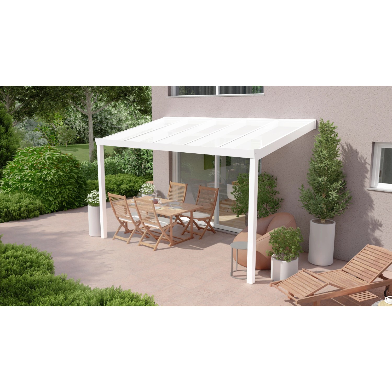 Weiße Terrassenüberdachung Professional (400x250cm) mit opaler Polycarbonat-Platte. Robuste Aluminiumkonstruktion.