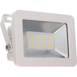 Weißer LED-Außenstrahler (30W, 3300lm) mit Montagewinkel und Schnellverbinder.
