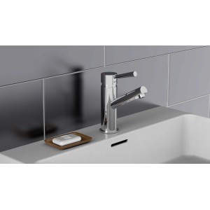 Schütte Waschbeckenarmatur Cornwall Niederdruck Chrom auf weißem Waschbecken.