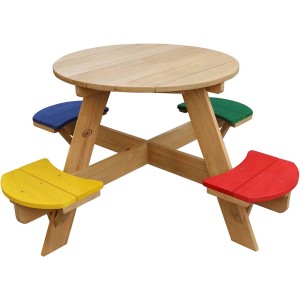 Runder Axi UFO-Picknicktisch Regenbogen mit farbigen Sitzen (rot, gelb, blau, grün) für Kinder.