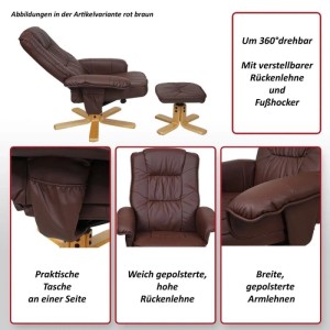 Bordeauxfarbener Relaxsessel mit Hocker, drehbar, verstellbare Rückenlehne, Kunstlederbezug.