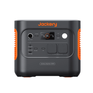 Jackery Powerstation E2000 v2: Kompakte, graue Powerstation mit orangefarbenen Akzenten und digitalem Display.