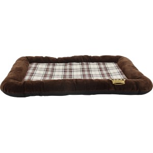 Braune Hunde- und Katzenmatratze mit Karomuster und Krone, 86x57x7 cm. Gemütliches Hundekissen für Haustiere.