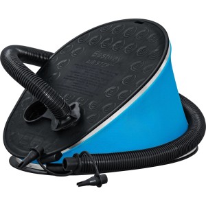 Bestway Air Step Pro Fußpumpe (1.600 ml) in Blau und Schwarz mit Schlauch und Adaptern.
