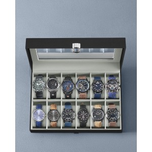 Offene, schwarze Songmics Uhrenbox mit 12 Uhren in Fächern. Aufbewahrungsbox mit Glasdeckel.