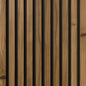 Denpanels Akustikpaneel Muster: Thermoholz-Lamellen, vertikal, mit dunklen Fugen. Ideal für Schallschutz.