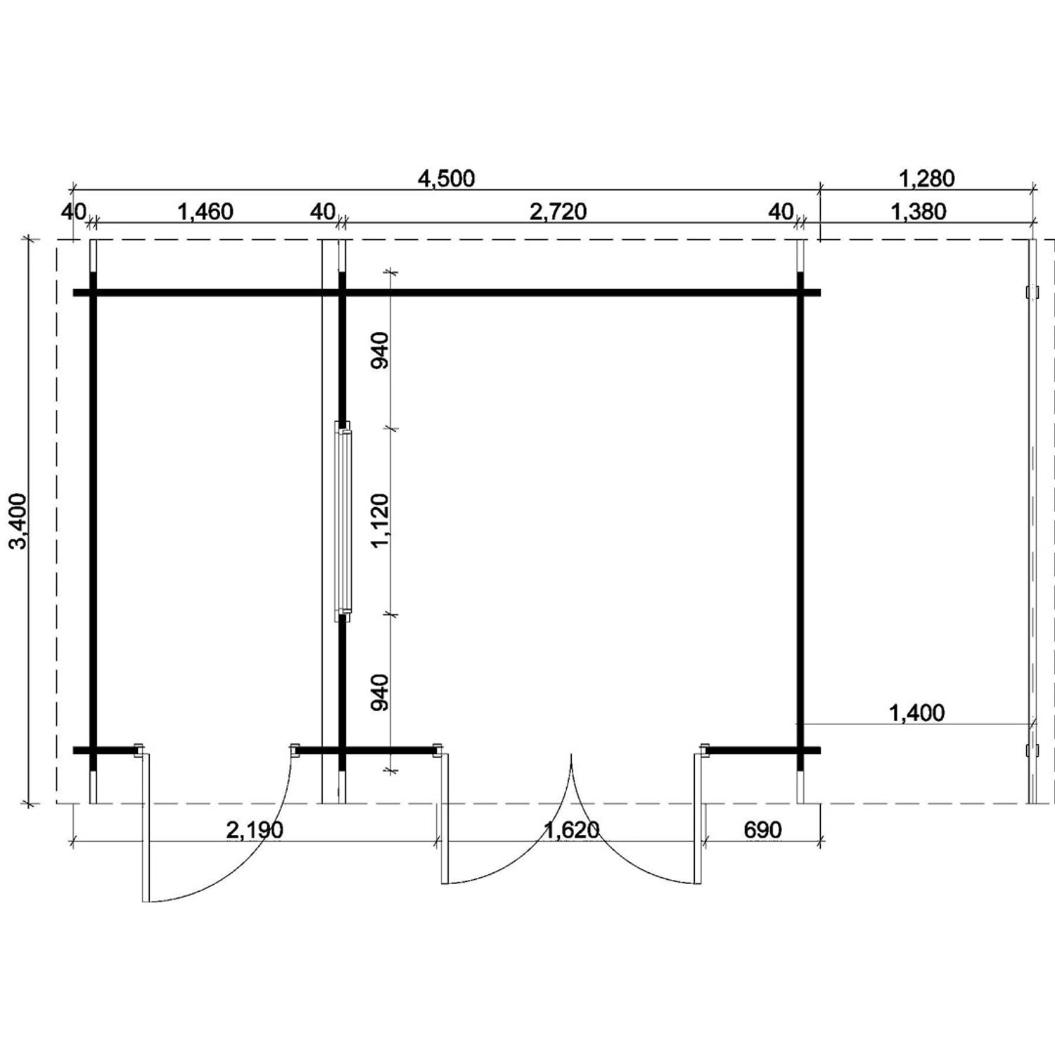 Grundrisszeichnung Alpholz Gartenhaus Aktiva 40, unbehandelt, mit Maßen. Ideal für die Planung Ihres Holz-Gartenhauses.