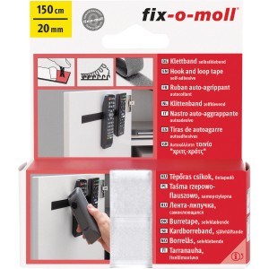 Fix-o-moll Klettband, selbstklebend, weiß, 150cm x 20mm. Ideal für Haushalt und Büro.