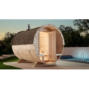 Finntherm Fasssauna Carrie aus Fichte, naturbelassen, mit Dachschindeln und Glastür.