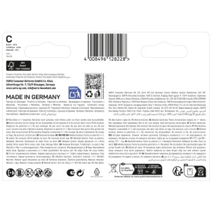 Rückseite der Varta Baby C LR14 Alkalische Batterie 4er Packung. Weiße Verpackung mit blauen Details.