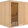 Karibu Sauna Gunda Natur: Elementsauna aus naturbelassener Fichte mit Glastür und Liegen.
