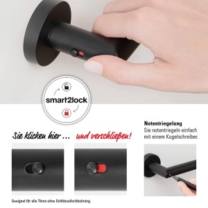 Schwarze Novadoors Türgriffgarnitur Nova Amico Smart2Lock. Verriegelung per Klick, Notentriegelung. Für Innentüren ohne Schlüsselloch.