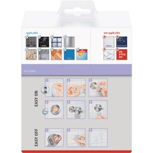 Verpackung des Tesa Moon Toilettenpapierhalters mit Montagehinweisen und Anwendungsbereichen.