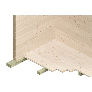 Detailansicht Skan Holz Freizeithaus Calgary: Holz-Gartenhaus im Aufbau mit Boden und Wandelementen.