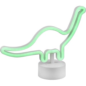 Weiße LED Tischleuchte Bronto in Dinosaurierform, grüne Lichtfarbe, 20,5x27x8,5 cm.