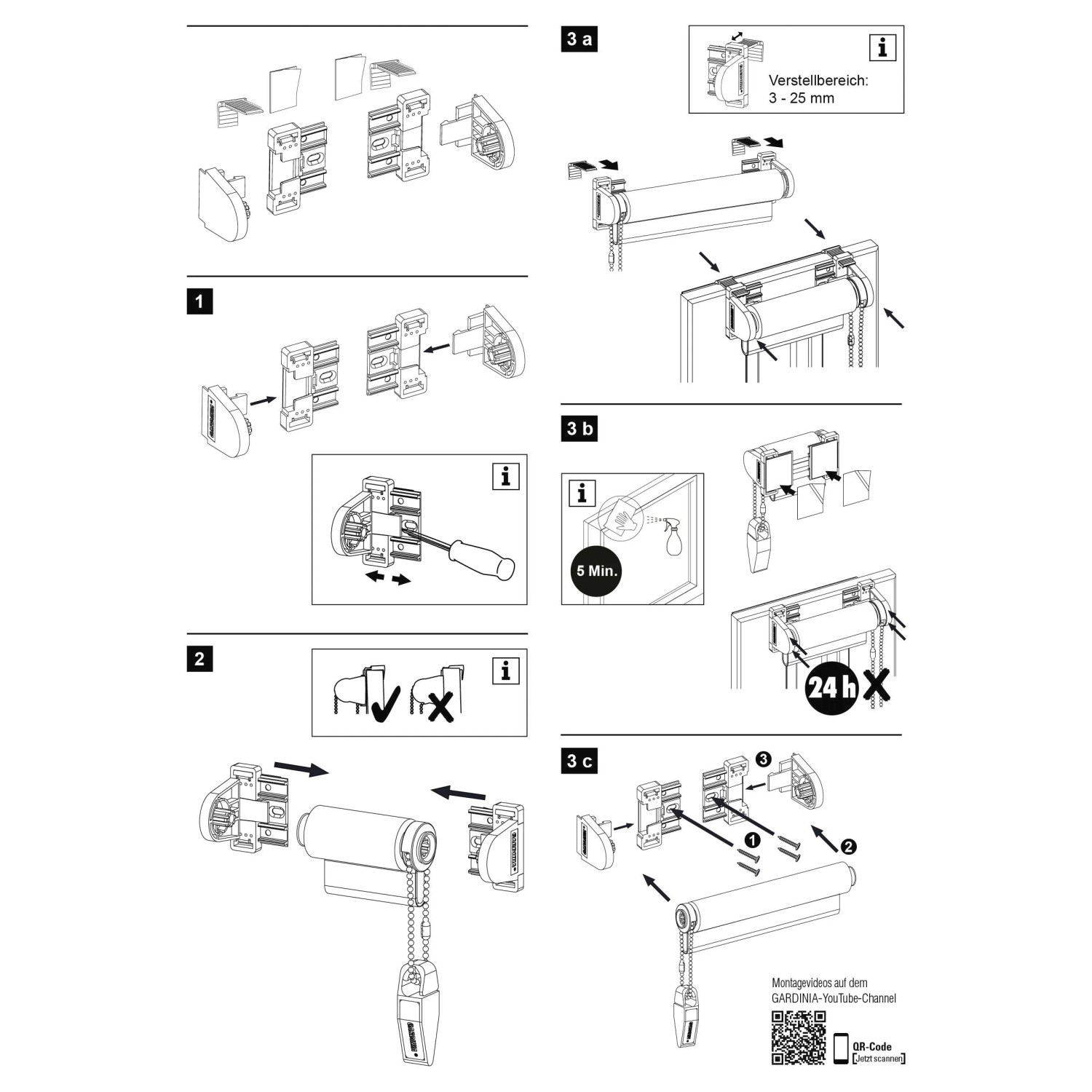 Montageanleitung für Gardinia Easyfix Klebe- und Klemmset zur Rollo-Befestigung ohne Bohren in Weiß.