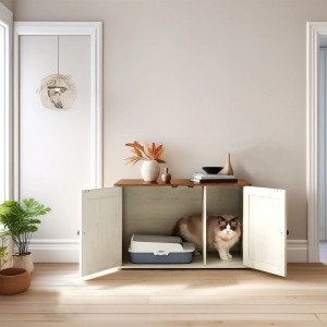 Feandrea Katzenklo-Schrank (braun-weiß, 80x53x50 cm) mit Katze und Katzenklo im Inneren.