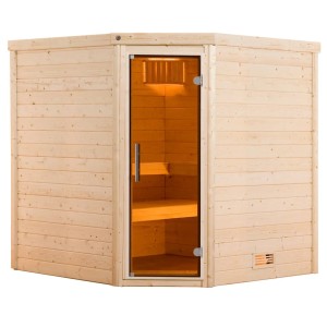 Weka Massivholzsauna Turku 1 Sparset mit Glastür und Saunaofen.
