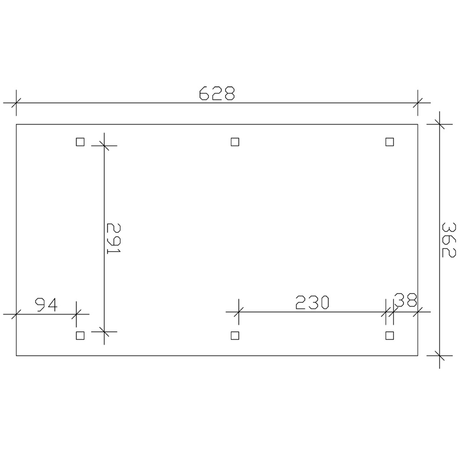 Skizze des Skan Holz Carport Wendland (362x628 cm) mit Maßangaben.