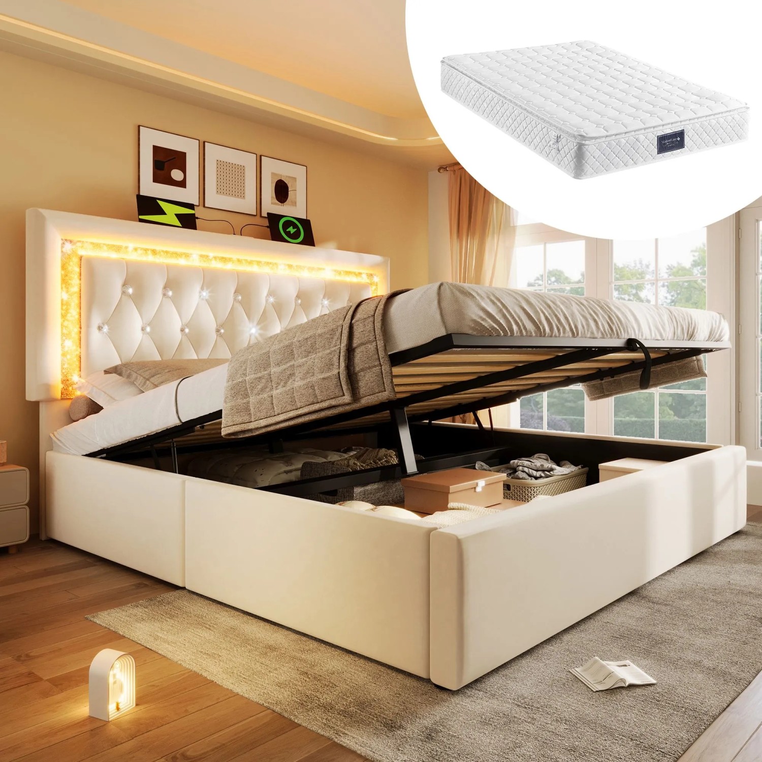 okwish Polsterbett 140x200cm mit LED Stauraum Jugendbett Beige ohne Matratze_2