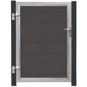 Einzeltor Futura WPC schiefergrau mit grauschwarzen Pfosten, Ansicht von vorne.