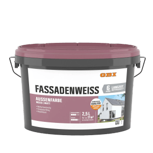 Eimer OBI Fassadenweiss Aussenfarbe, weiss, matt, 2,5 l. Für Fassadenbeschichtungen.