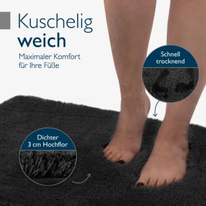 Schwarzer Beautissu Badteppich BeauMare FL 70x120cm mit Füßen. Flauschiger, rutschfester Vorleger.