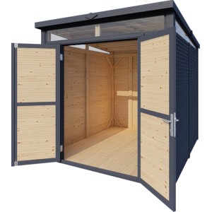 Offenes, anthrazitfarbenes Bertilo Gartenhaus Woodline Pent aus Holz mit Doppeltür und Fensterband.