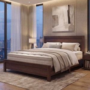 Queen Size Bett 160x200 cm in Walnuss-Optik mit Lattenrost im Schlafzimmer.