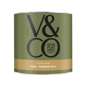 Dose V&CO Premium-Innenfarbe Dead Flat Matt Gelb, Farbton Milder Senf. Matte Wandfarbe für Innenräume.