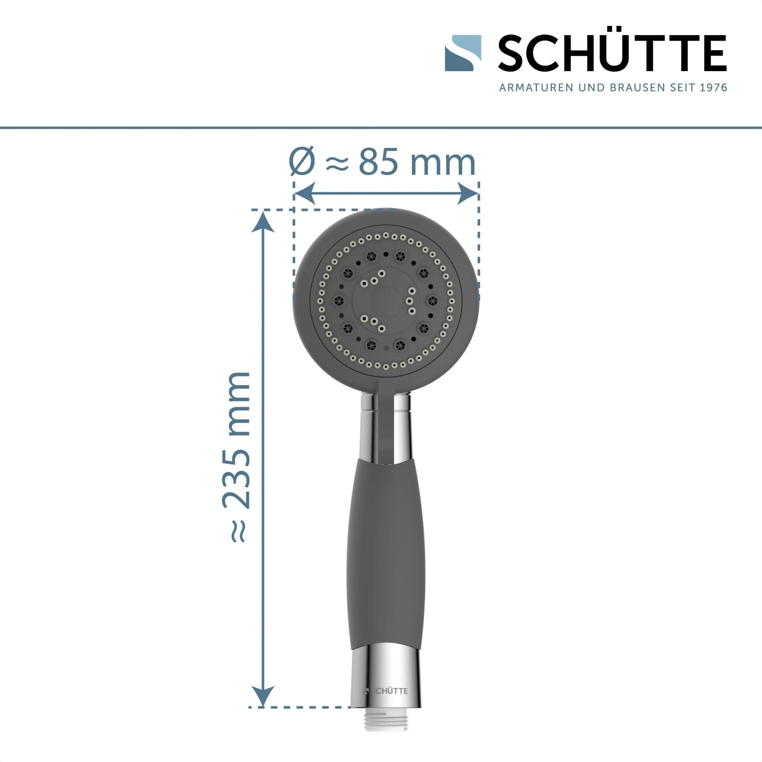 Schütte Handbrause Vital Chrom, graue Brause mit Antikalk-Noppen und Wasserstopp-Funktion.