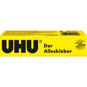 Uhu Alleskleber Transparent 35g in gelber Verpackung.
