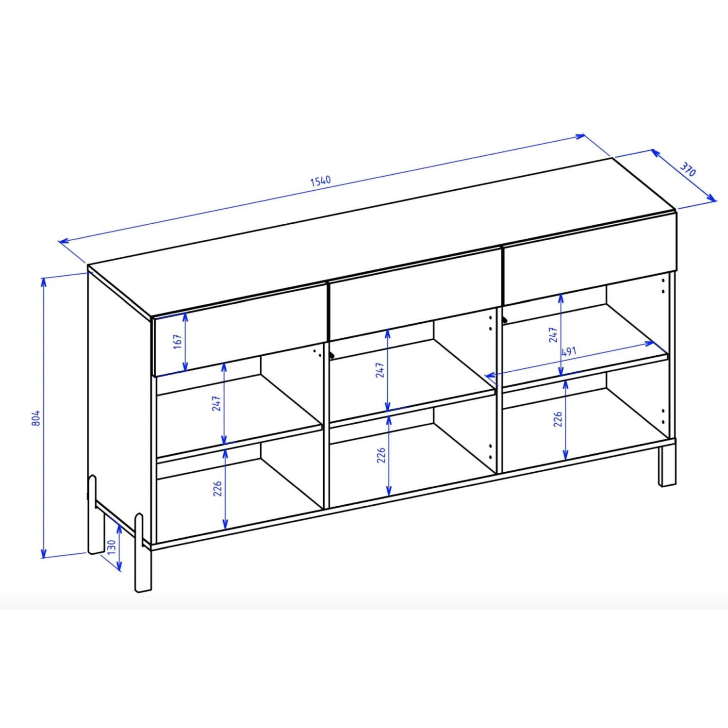 Technische Zeichnung des Selsey Sideboards Telire 154 cm. Zeigt 3 Türen, 3 Schubladen, Fächer und alle Maße der Kommode.