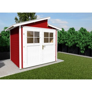 Weka Holz-Gartenhaus 226 in Schwedenrot mit Doppeltür und Oberlichtern im Garten.