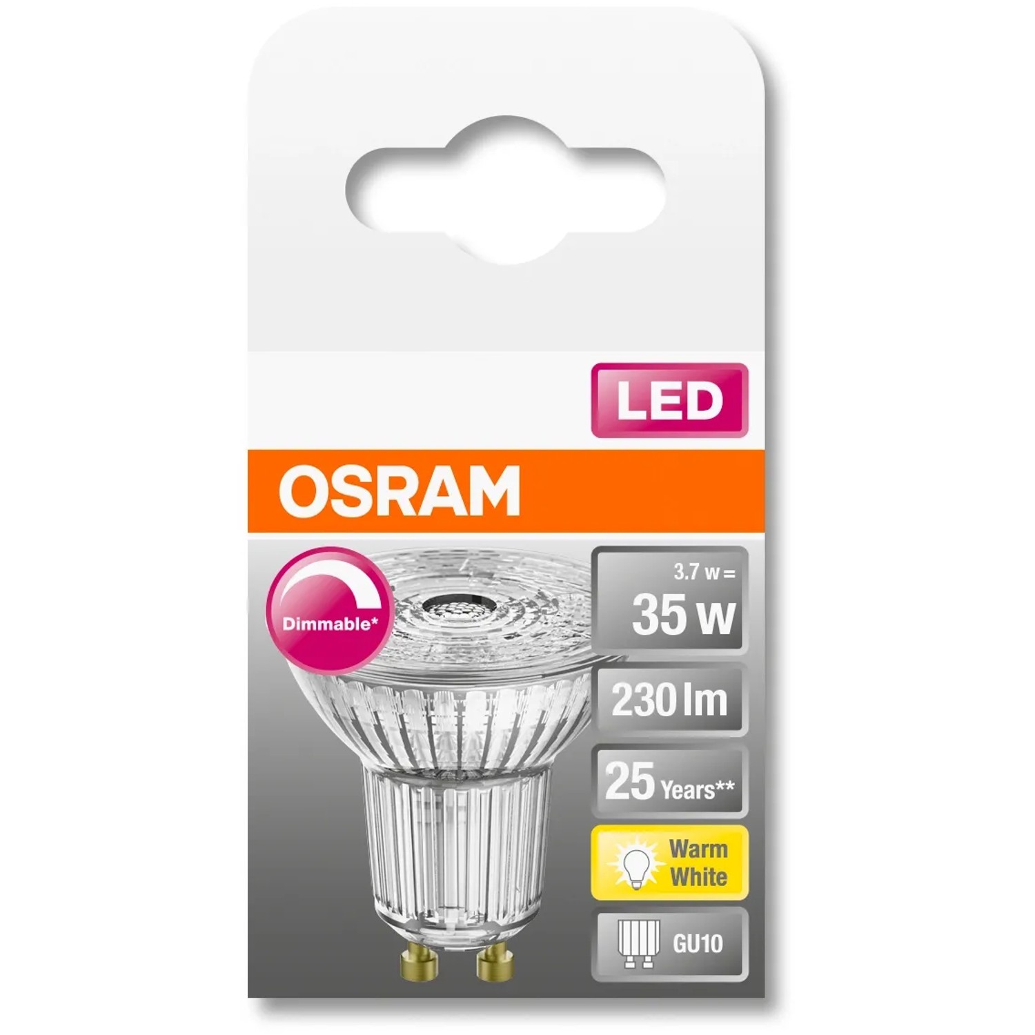 Osram GU10 LED-Lampe, 3,4W, warmweiß, dimmbar. Leuchtmittel für Wohnräume.