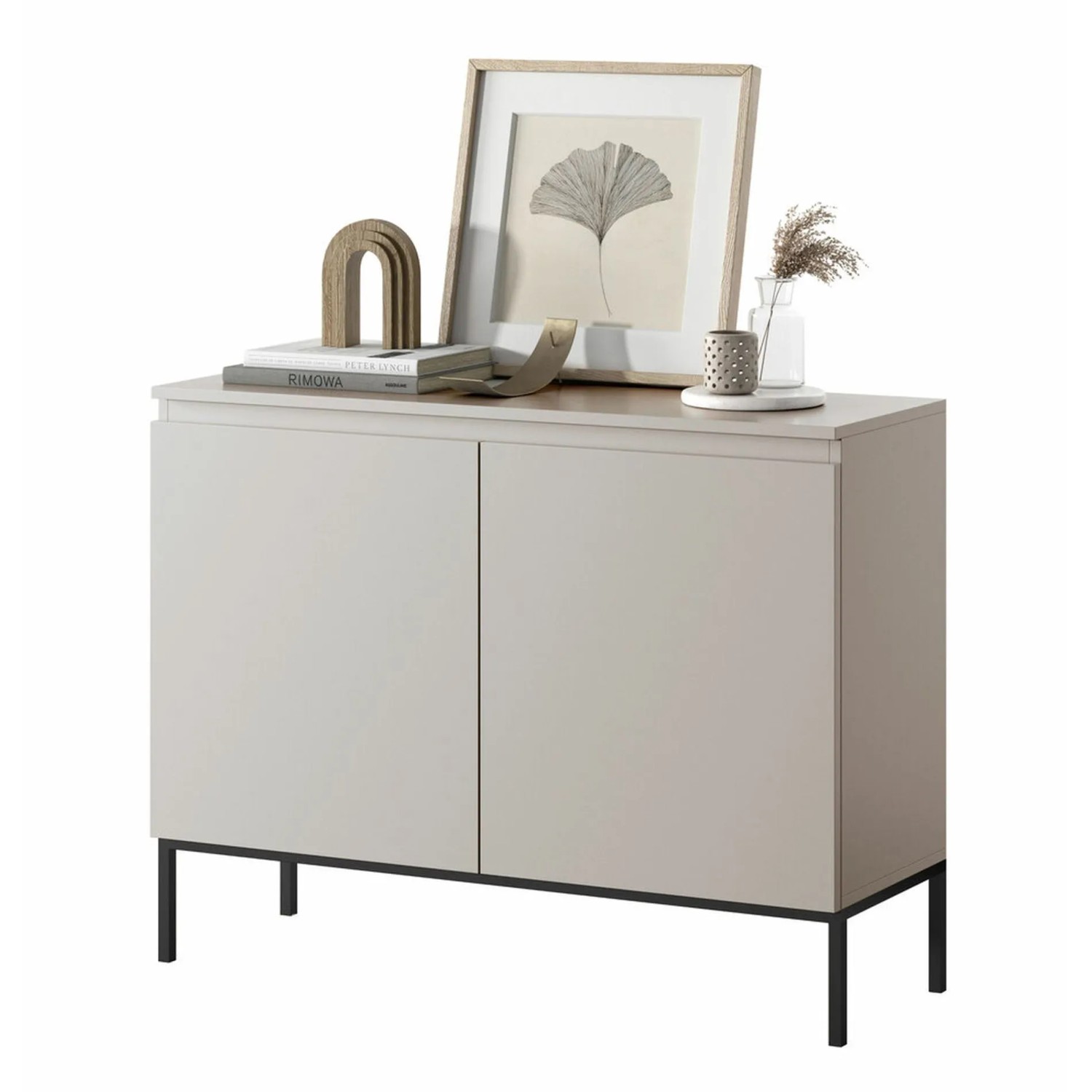 Selsey Sideboard Bemmi 100 cm, kaschmirgrau, mit zwei Türen und schwarzen Metallbeinen, minimalistisch dekoriert.